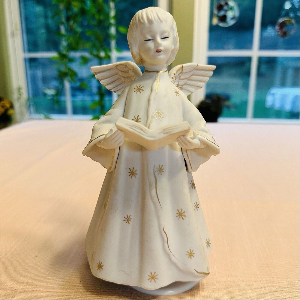 Vtg 1960s Schmid Brothers Porcelain Angel Music Box Japan Silent Night  Hymnal